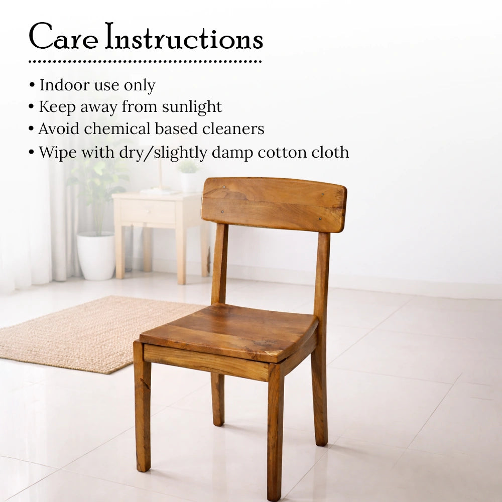 Wooden chair with care instructions text overlay