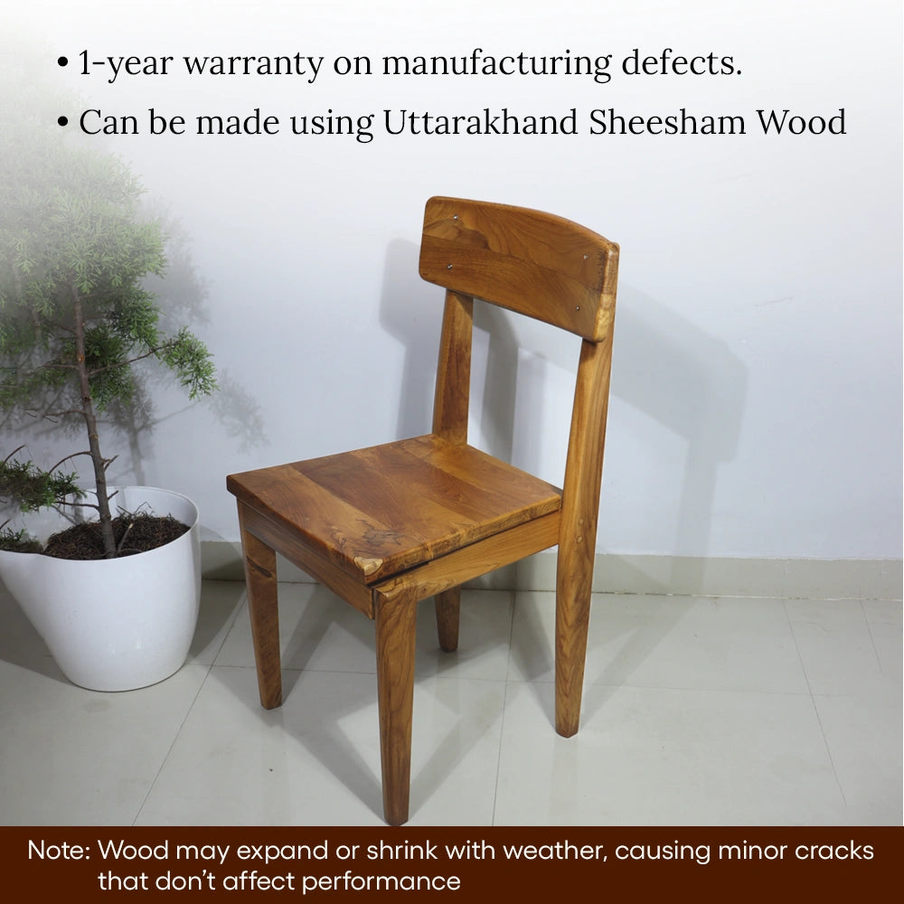 Wooden chair with text about warranty and wood type on a white background