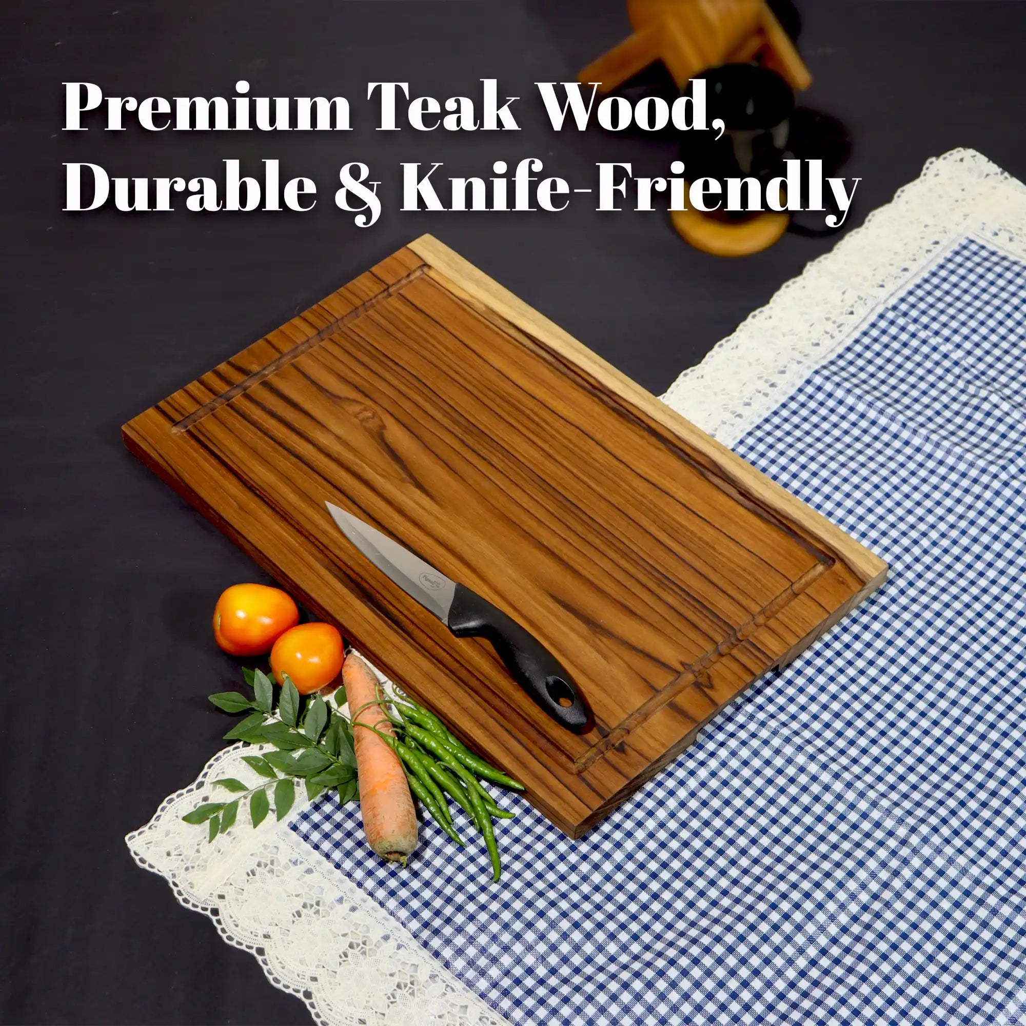 Wooden cutting board with a knife on a checkered tablecloth, text 'Premium Teak Wood, Durable & Knife-Friendly'.