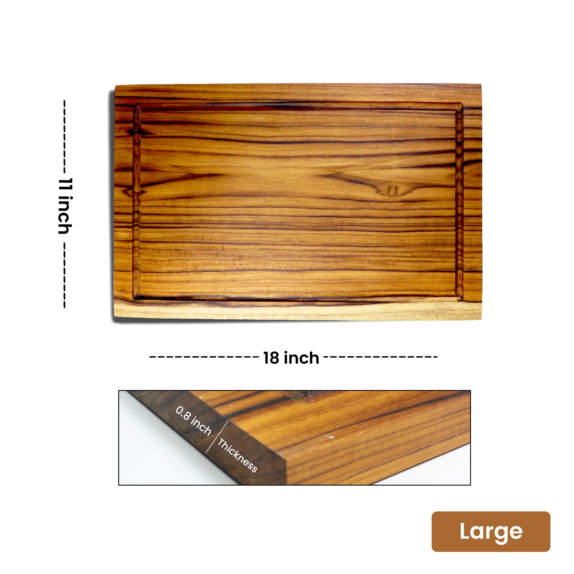 Wooden cutting board with juice grooove with dimensions on a white background