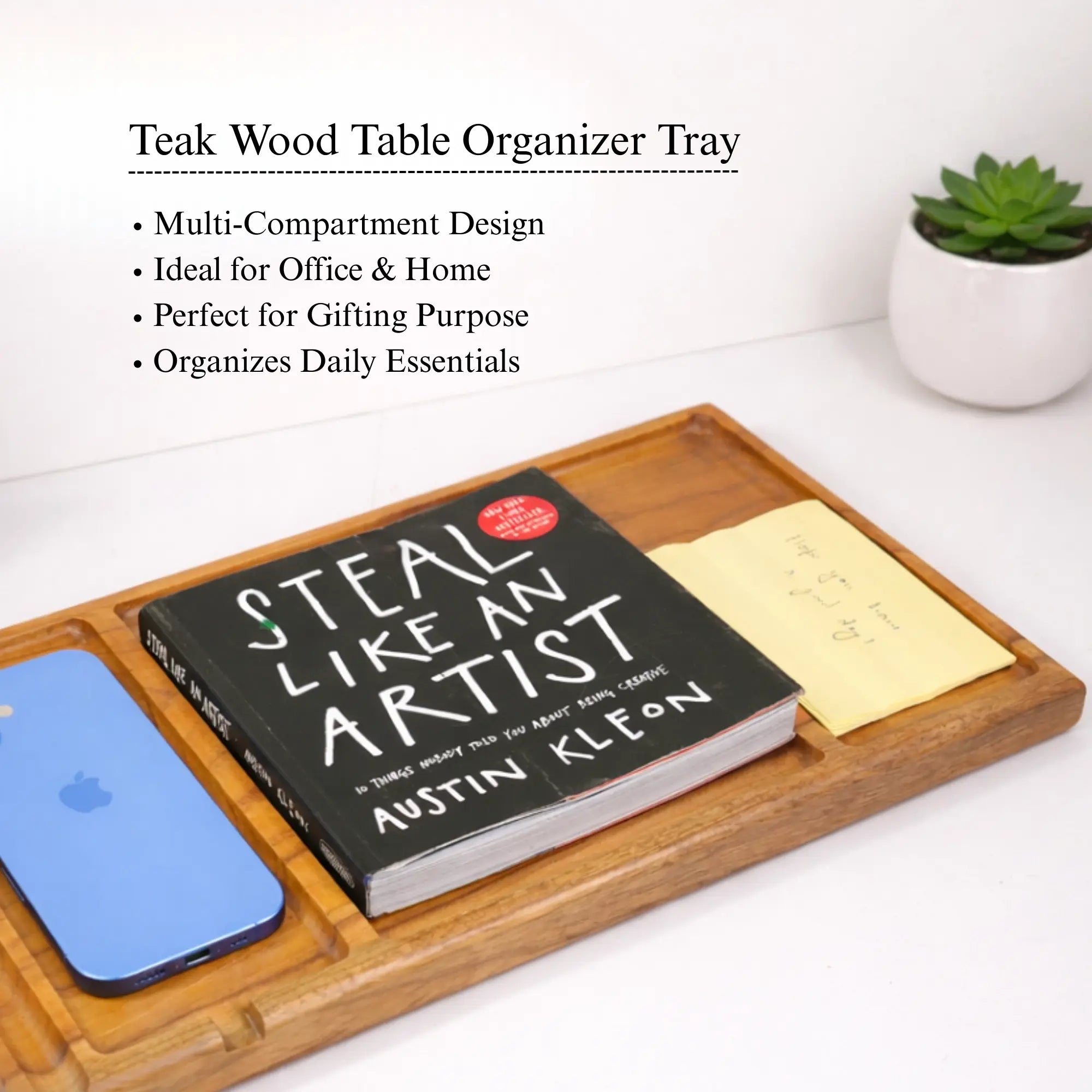 Multi-Compartment Teak Wood Organizer Tray