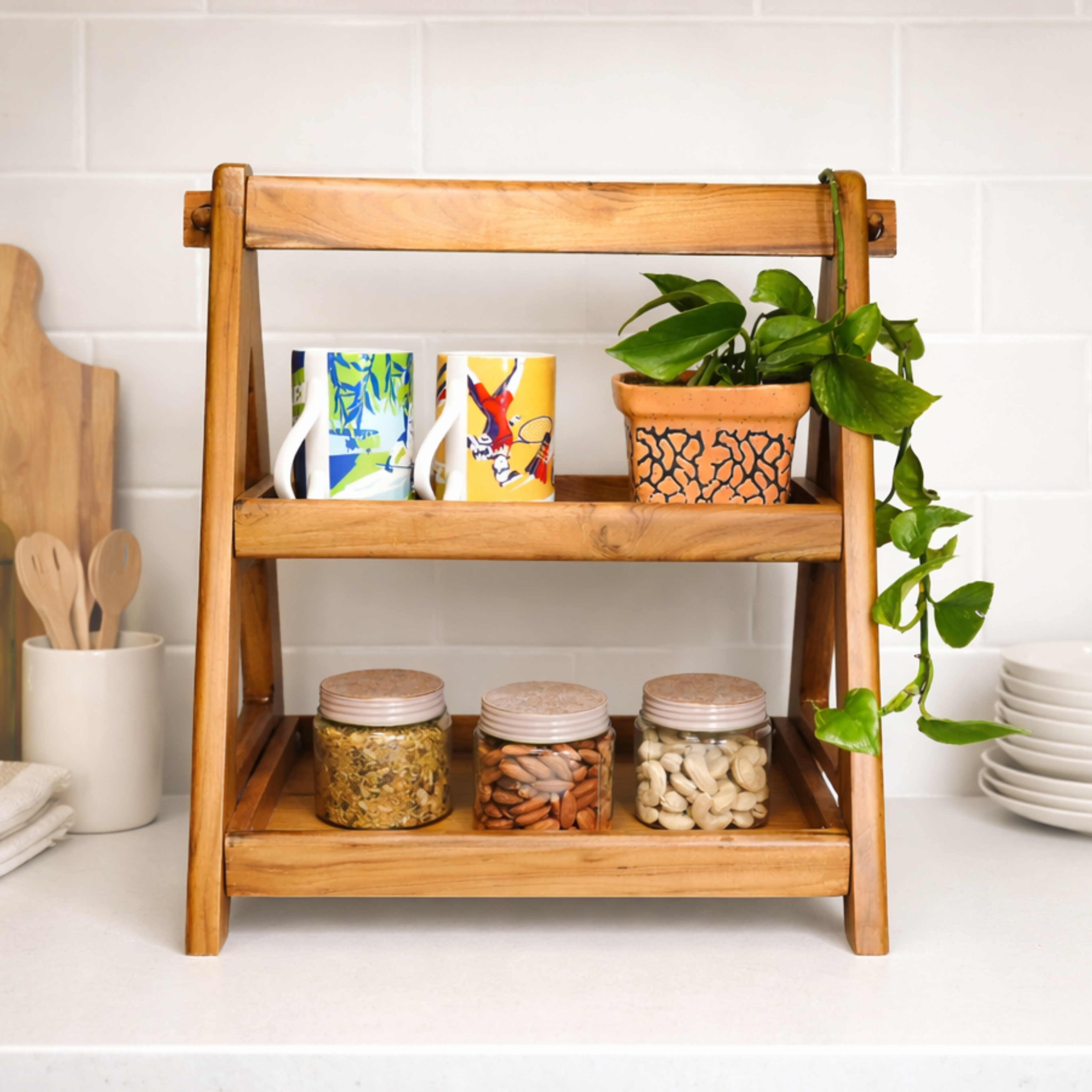 Multi-Purpose Teak Wood Shelf Organizer