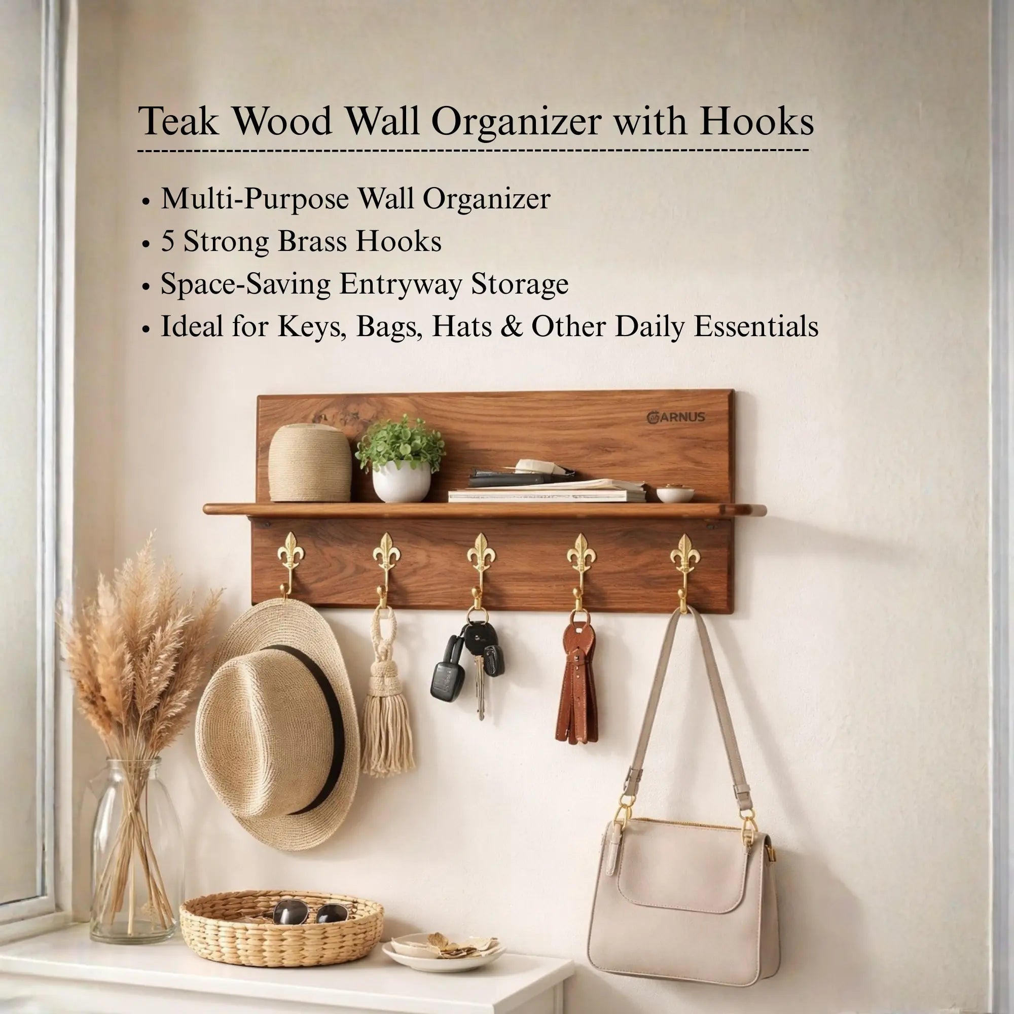 Multi-Purpose Wooden Wall Organizer with Hooks