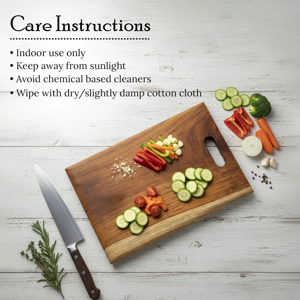 Organic Wooden chopping board with sliced vegetables and a knife on a light wooden surface, with care instructions text.