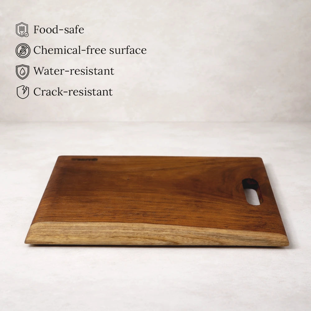 Organic Wooden chopping board with text highlighting features on a light background