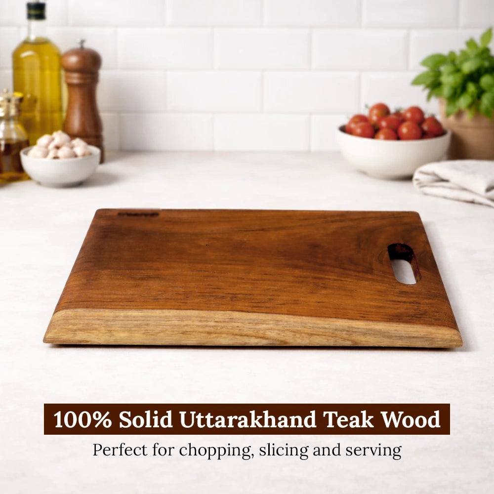 Organic Wooden chopping board on a kitchen counter with text about material and uses