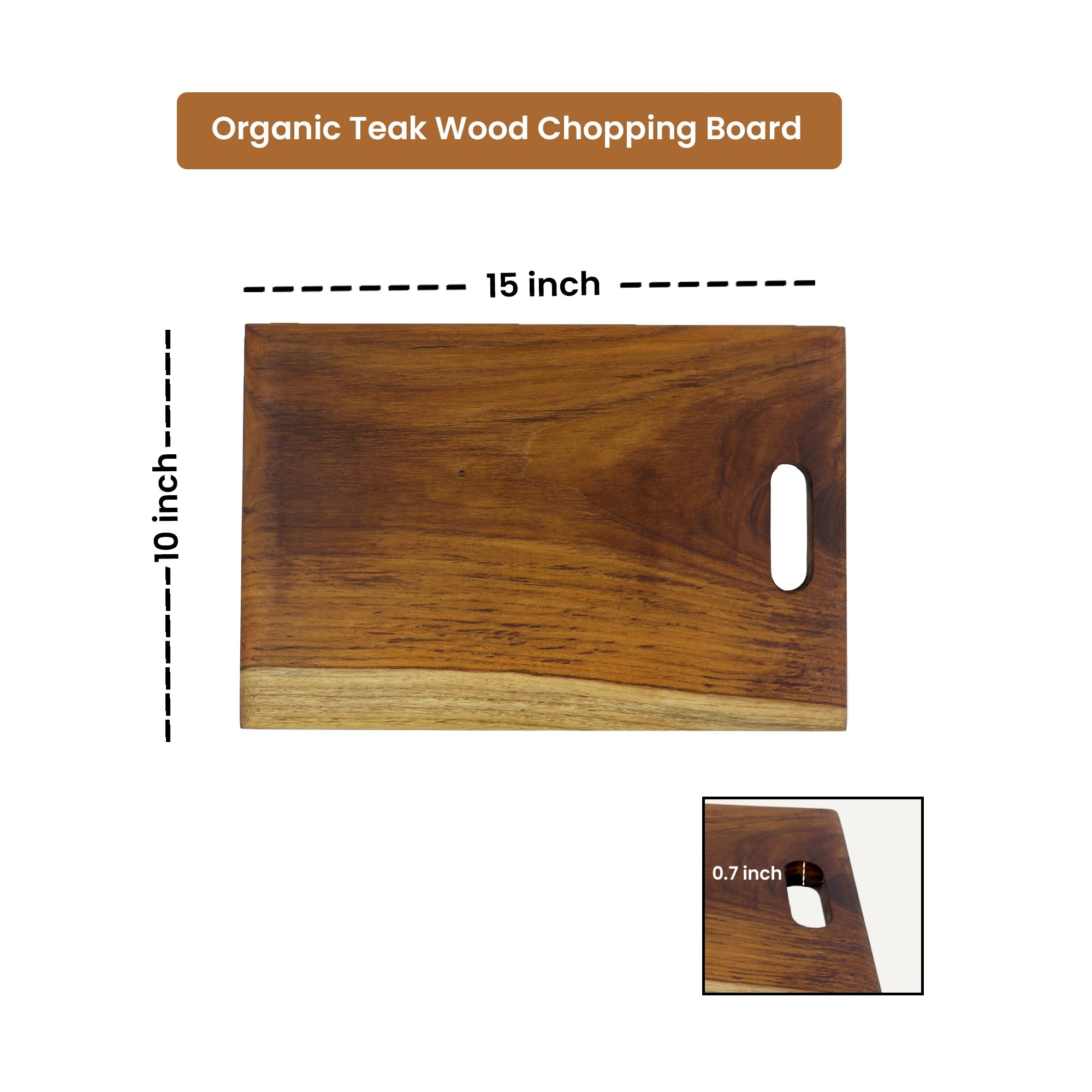 Organic teak wood chopping board with dimensions on a white background