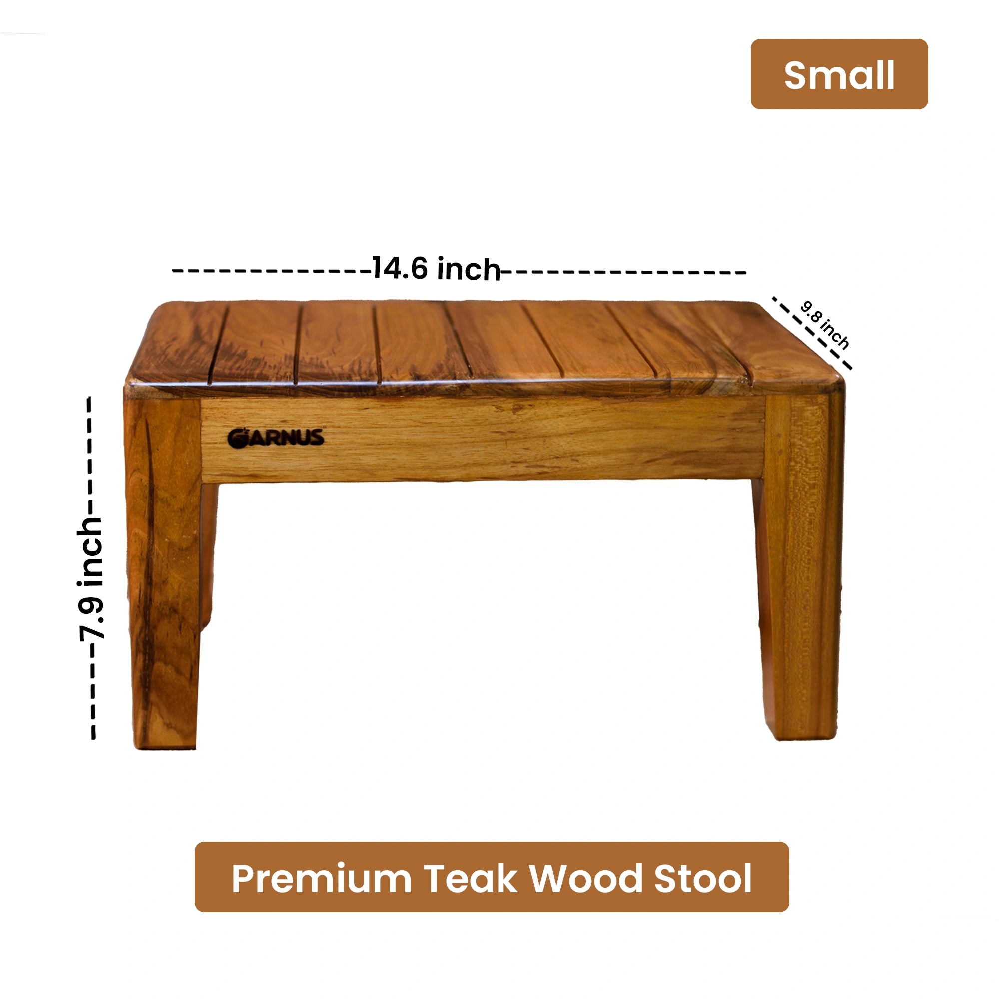 Wooden stool with dimensions labeled on a white background