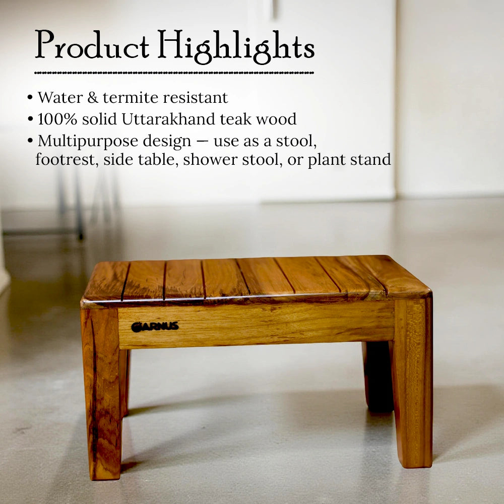 Wooden stool with 'Garnus' branding on a neutral background, featuring product highlights text.