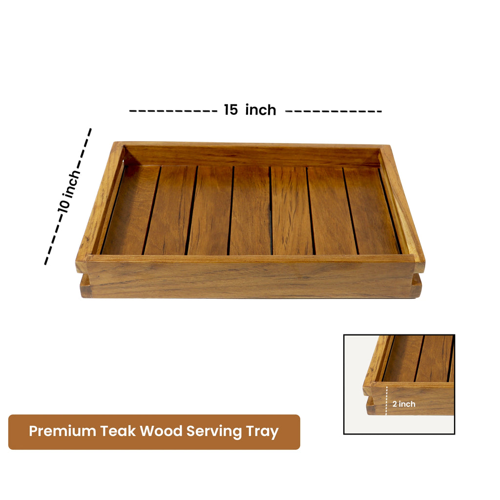 Wooden serving tray with dimensions on a white background