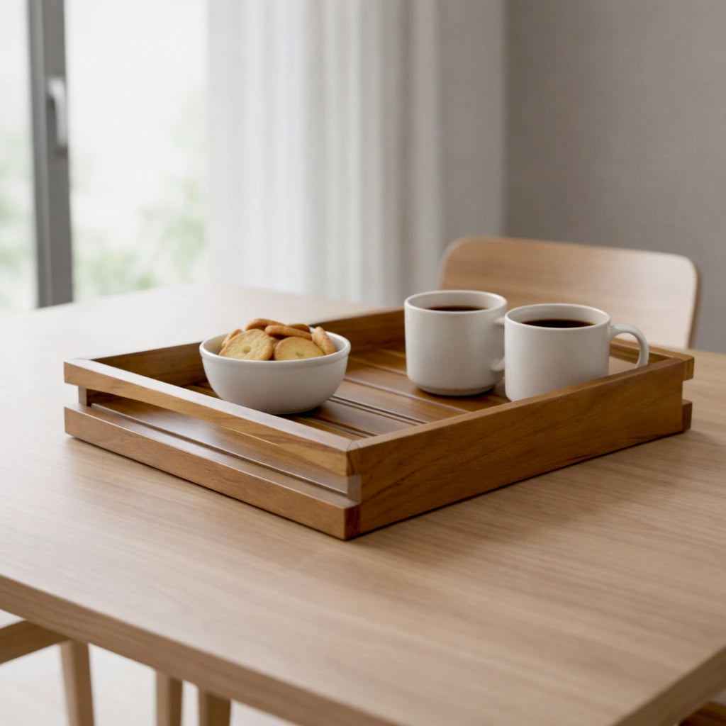 Wooden tray with two cups of coffee and a bowl of cookies on a wooden table.