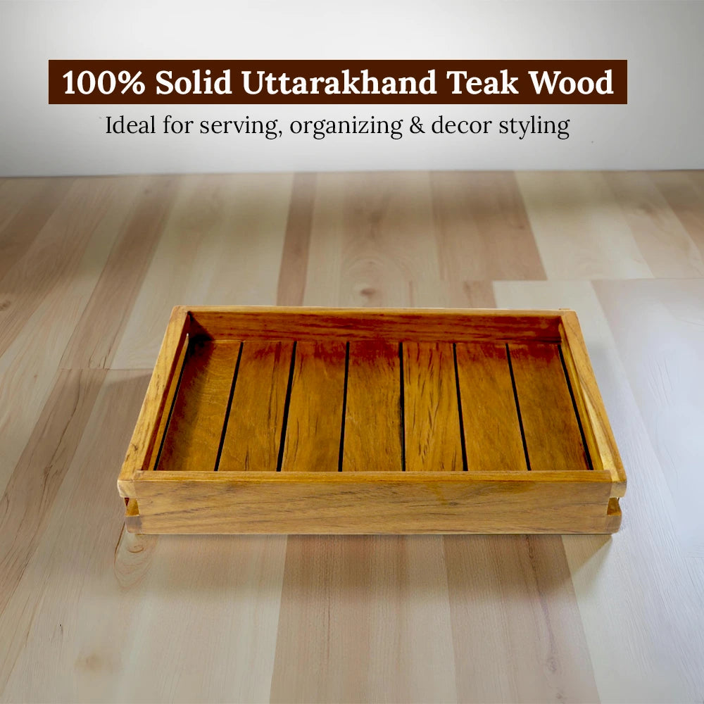 Wooden tray made of 100% solid Uttarakhand Teak Wood on a light wooden floor.