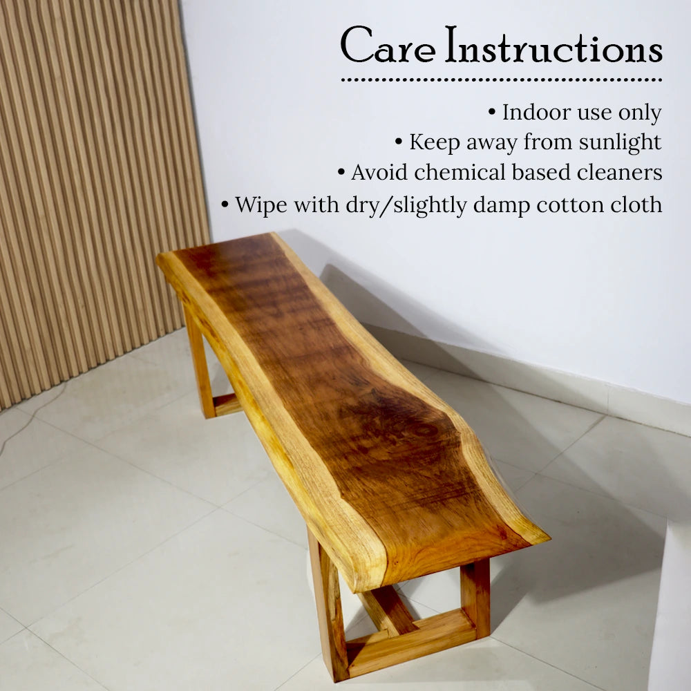 Wooden bench with care instructions text overlay