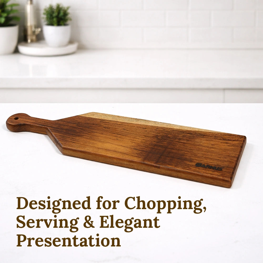 Wooden cheese board on a white surface with text 'Designed for Chopping, Serving & Elegant Presentation'.