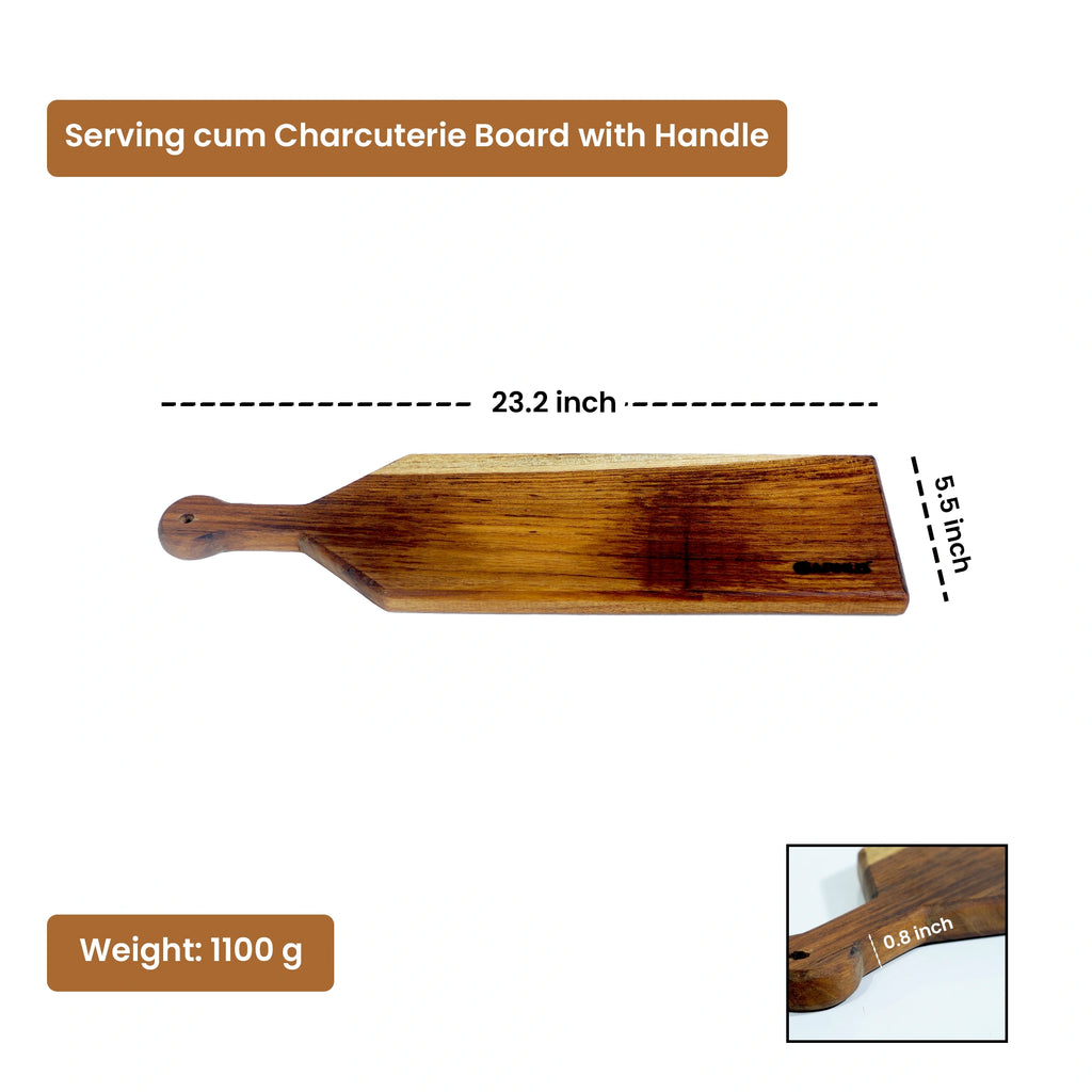 Wooden serving and charcuterie board with handle, dimensions, and weight displayed.