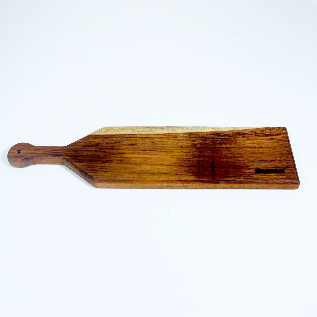 Wooden cheese board with a brand name on a white background