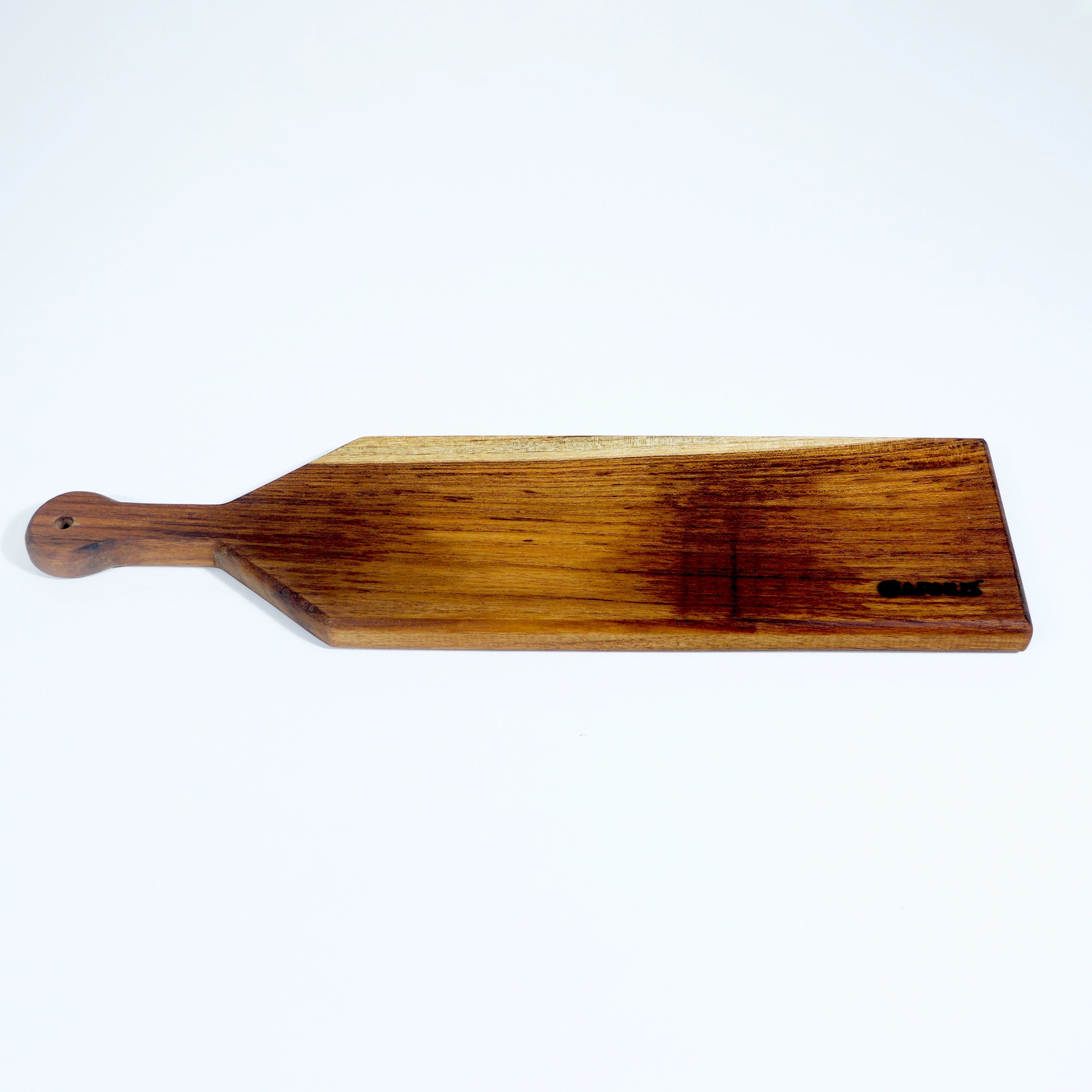 Wooden cheese board with a brand name on a white background