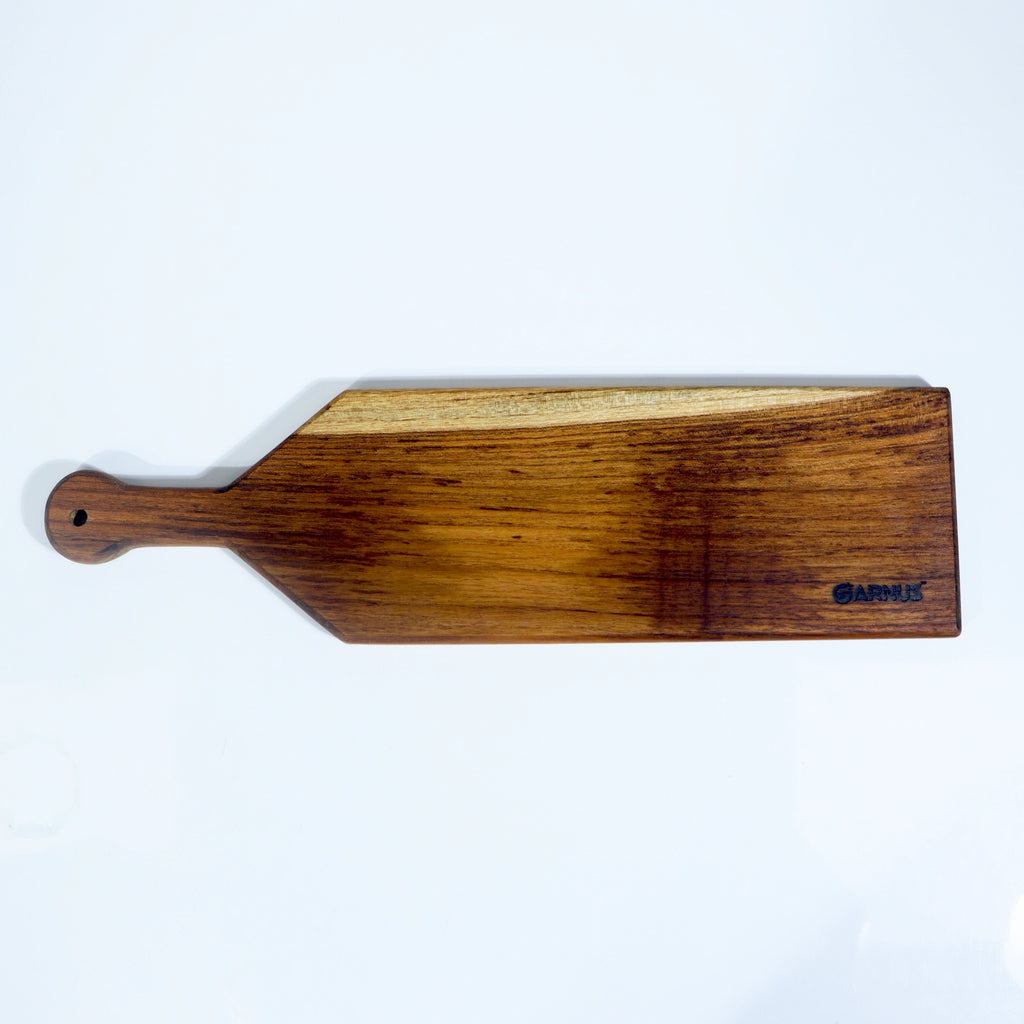 Wooden cheese board with a brand logo on a white background