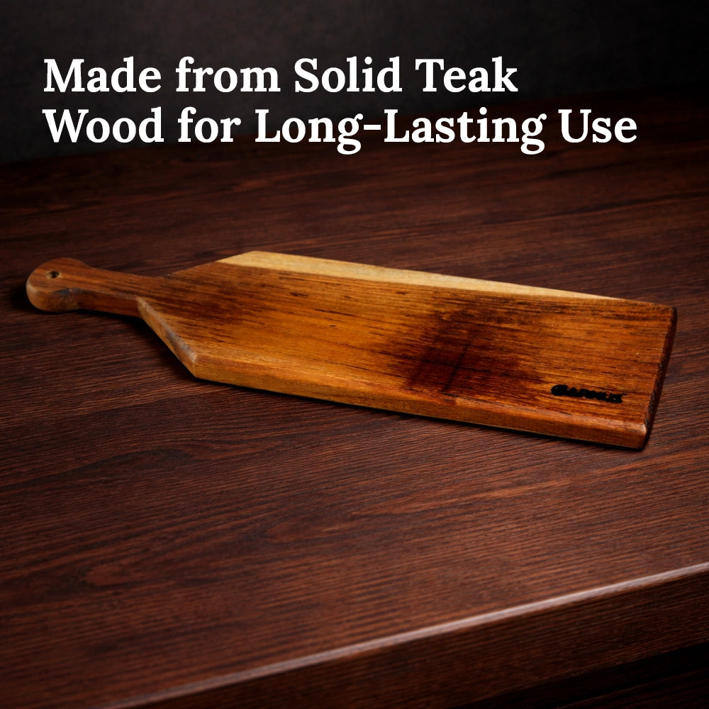 Wooden cheese board on a dark wooden surface with text about solid teak wood.