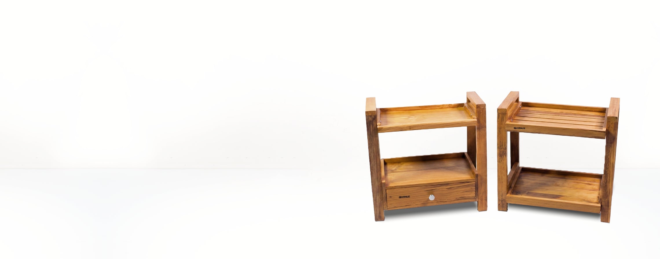 Two wooden side tables on a white background