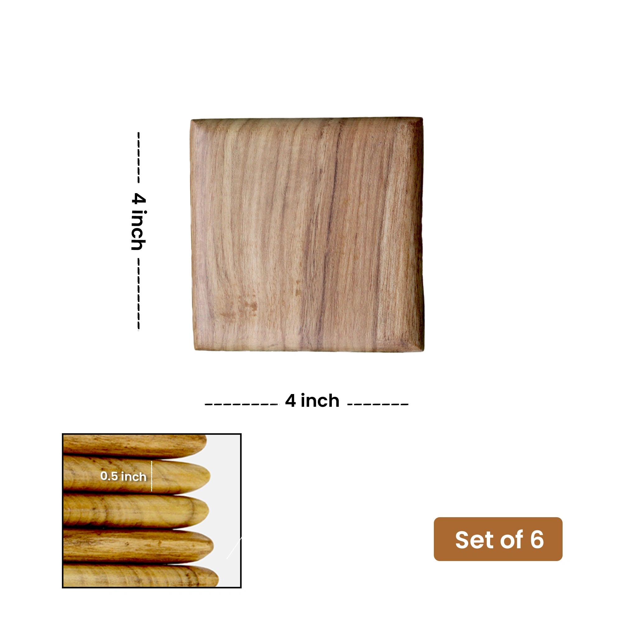 Wooden square coaster set with dimensions and quantity label on a white background