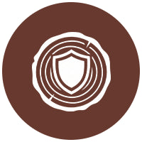 Circular logo with a shield design on a brown background