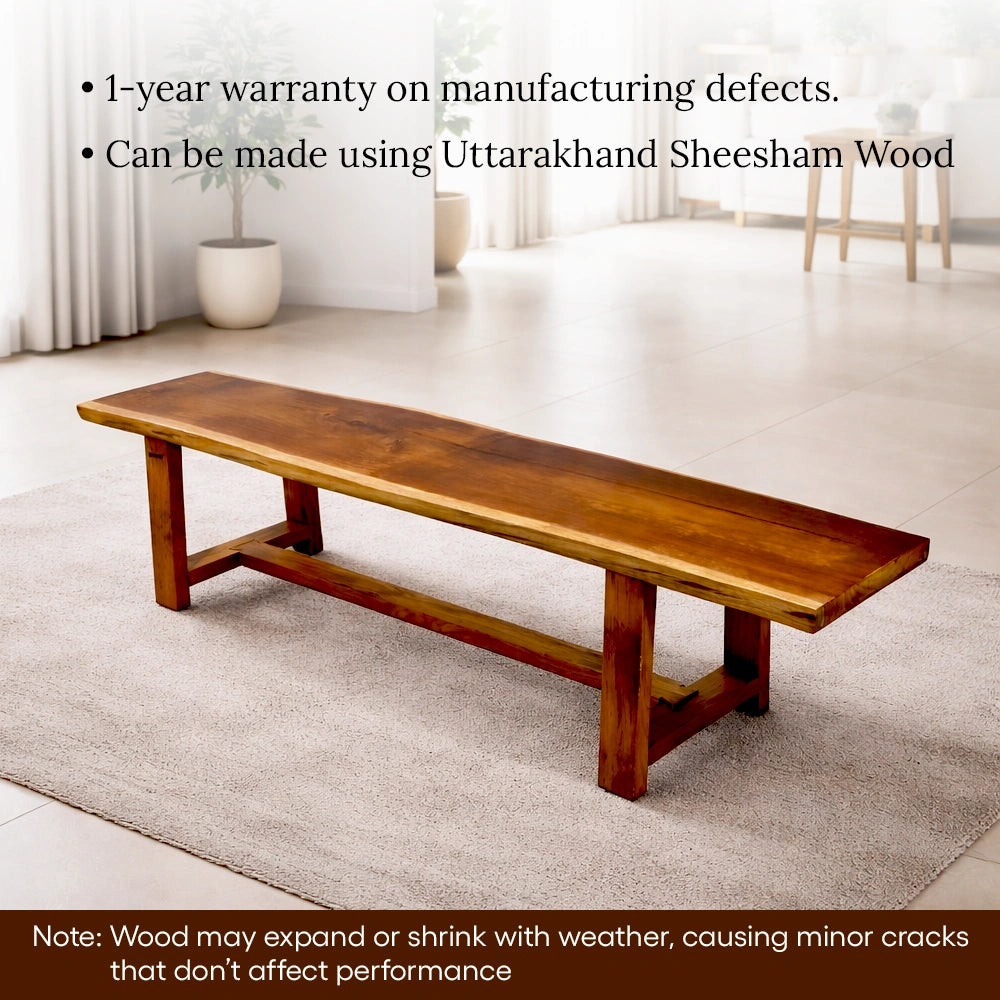 Tarana Solid Wood Long  Bench – 4 Seater in a room with text about warranty and wood type.