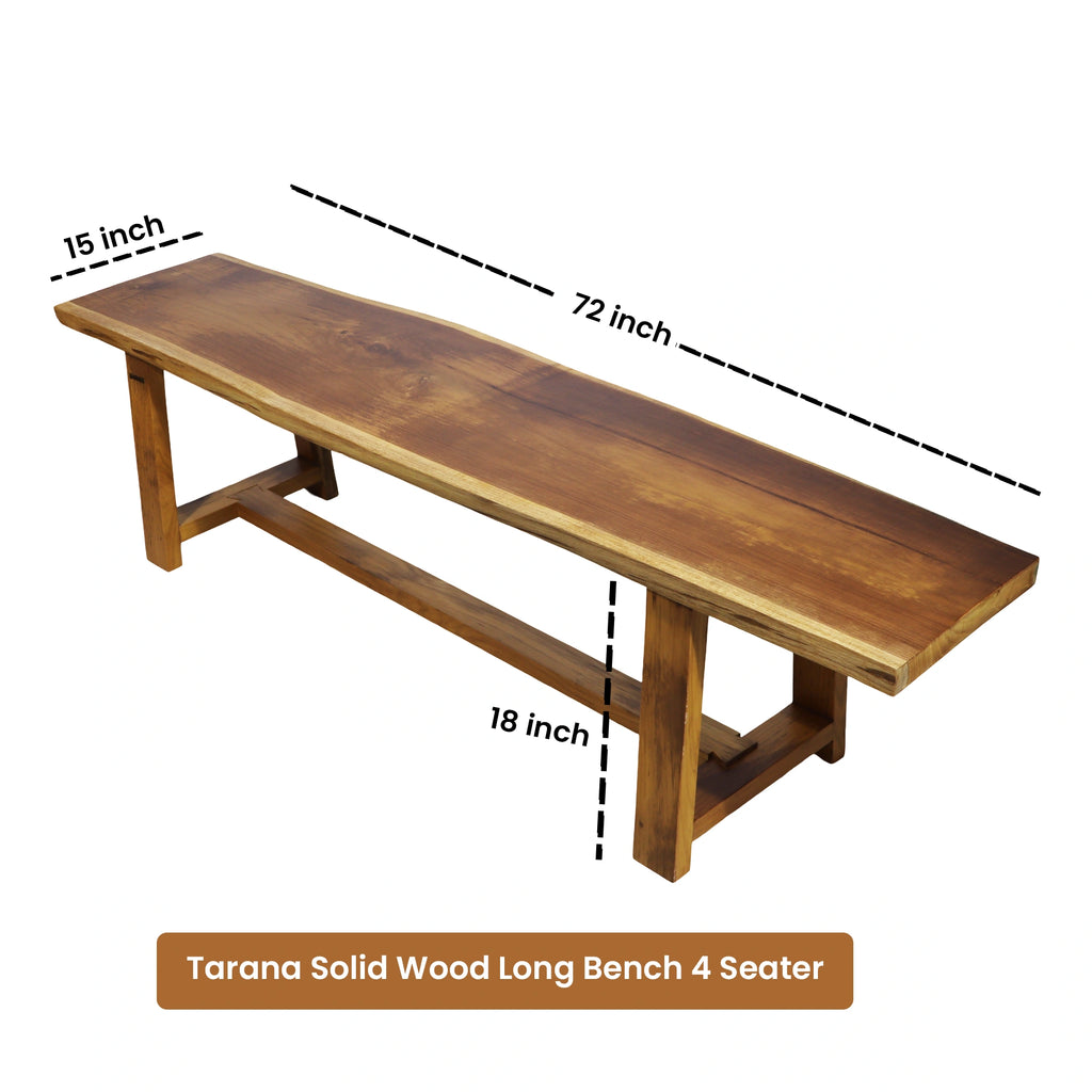 Tarana Solid Wood Long  Bench – 4 Seater with dimensions labeled on a white background