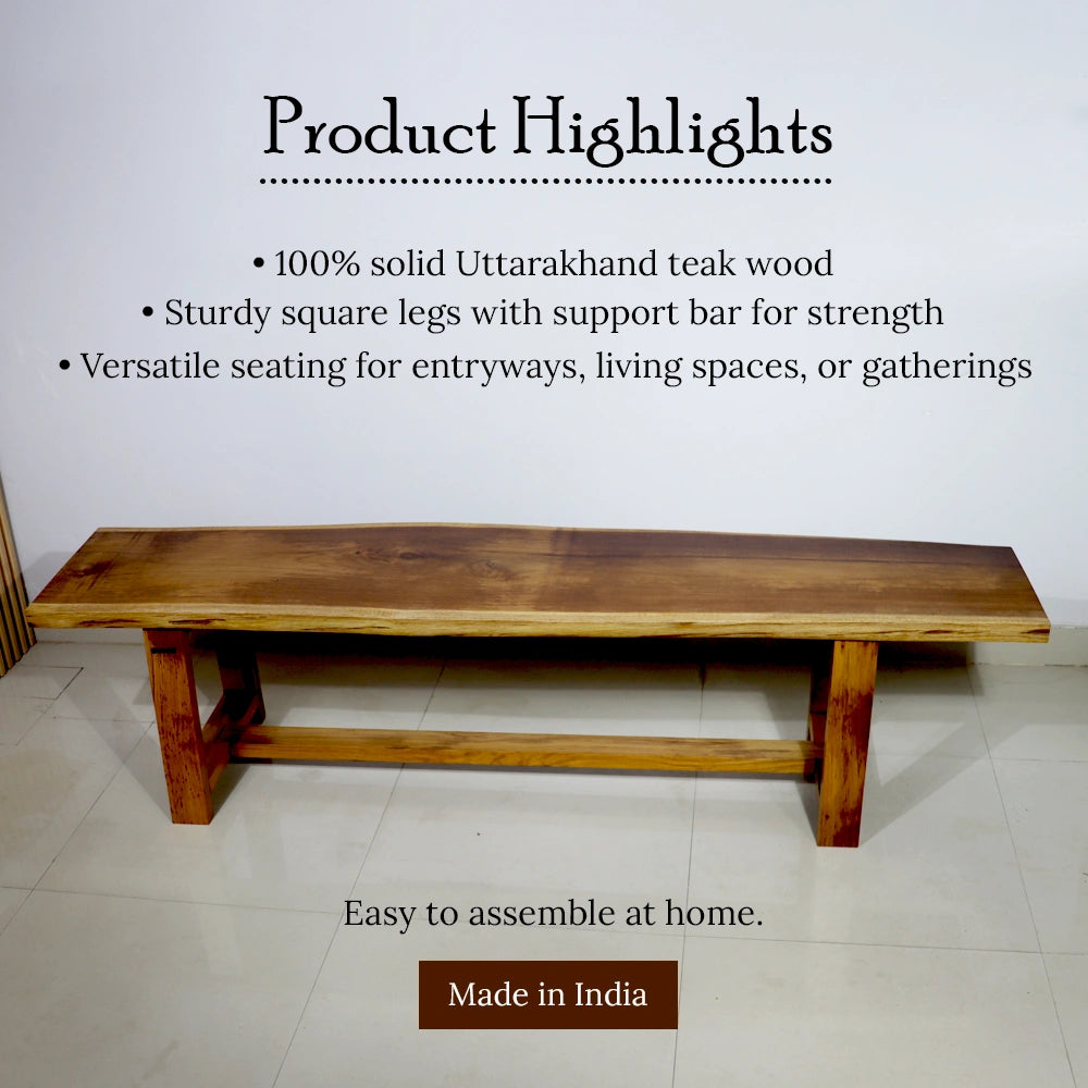 Tarana Solid Wood Long  Bench – 4 Seater with product highlights on a white background