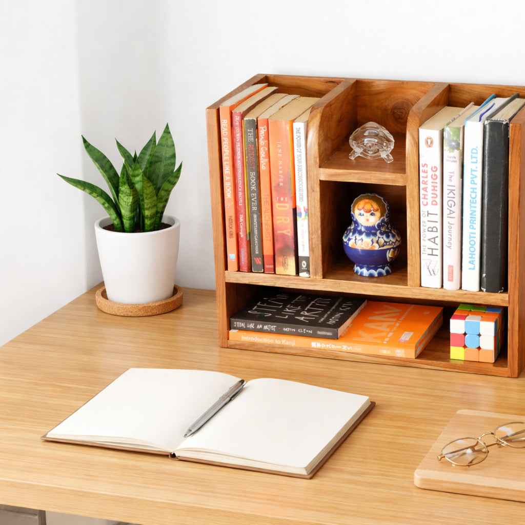 Teak Wood Book Organizer Shelf