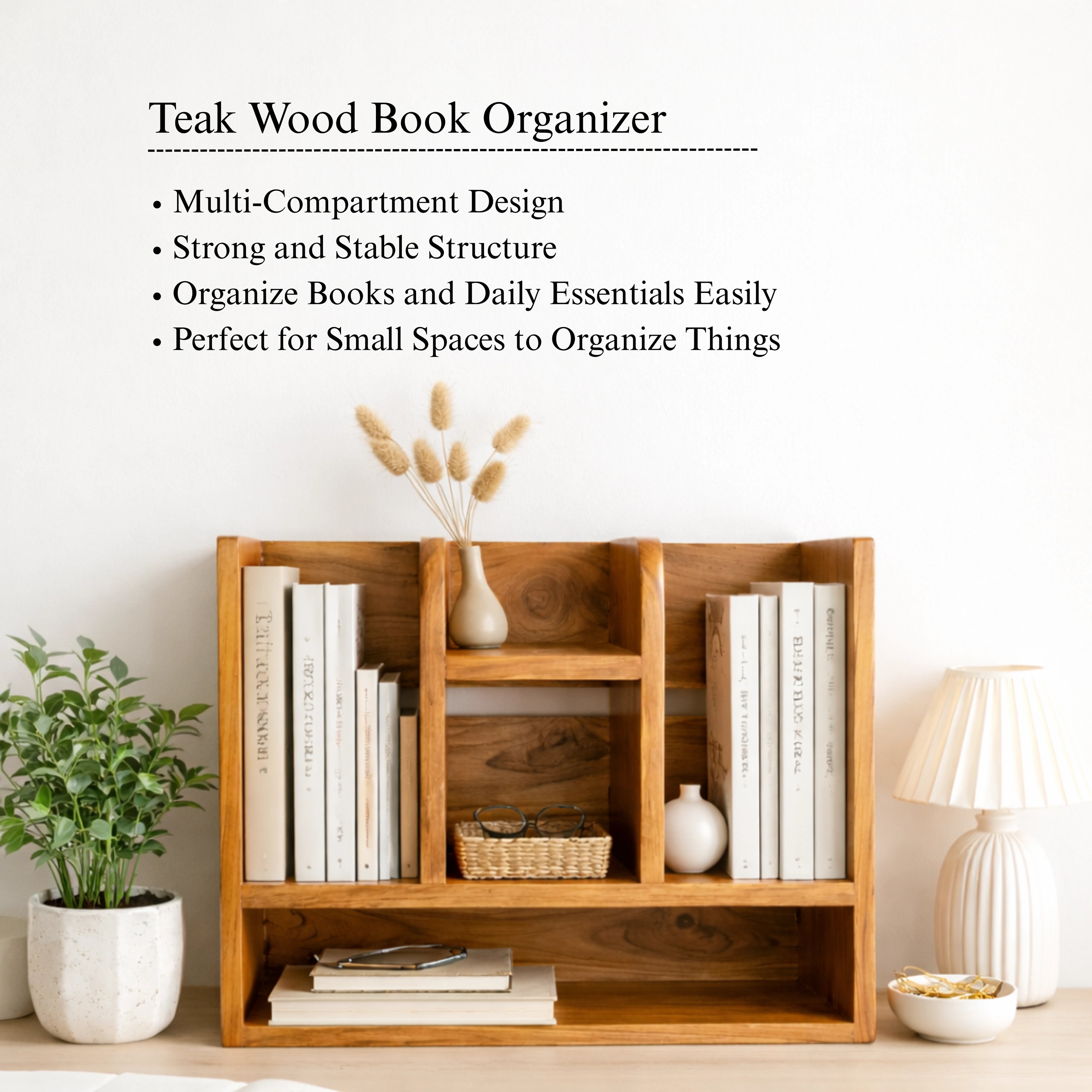 Teak Wood Book Organizer Shelf