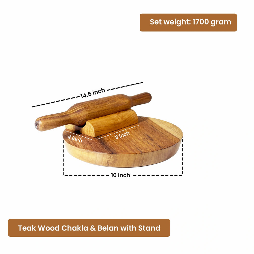 Teak wood chakla and belan with stand, showing dimensions and weight on a white background.