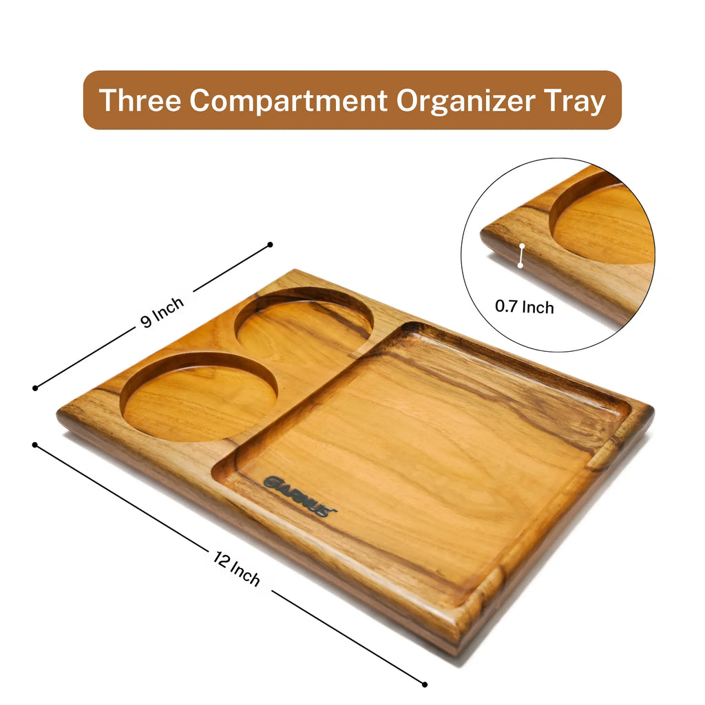Three Compartment Teak Wood Organizer Tray