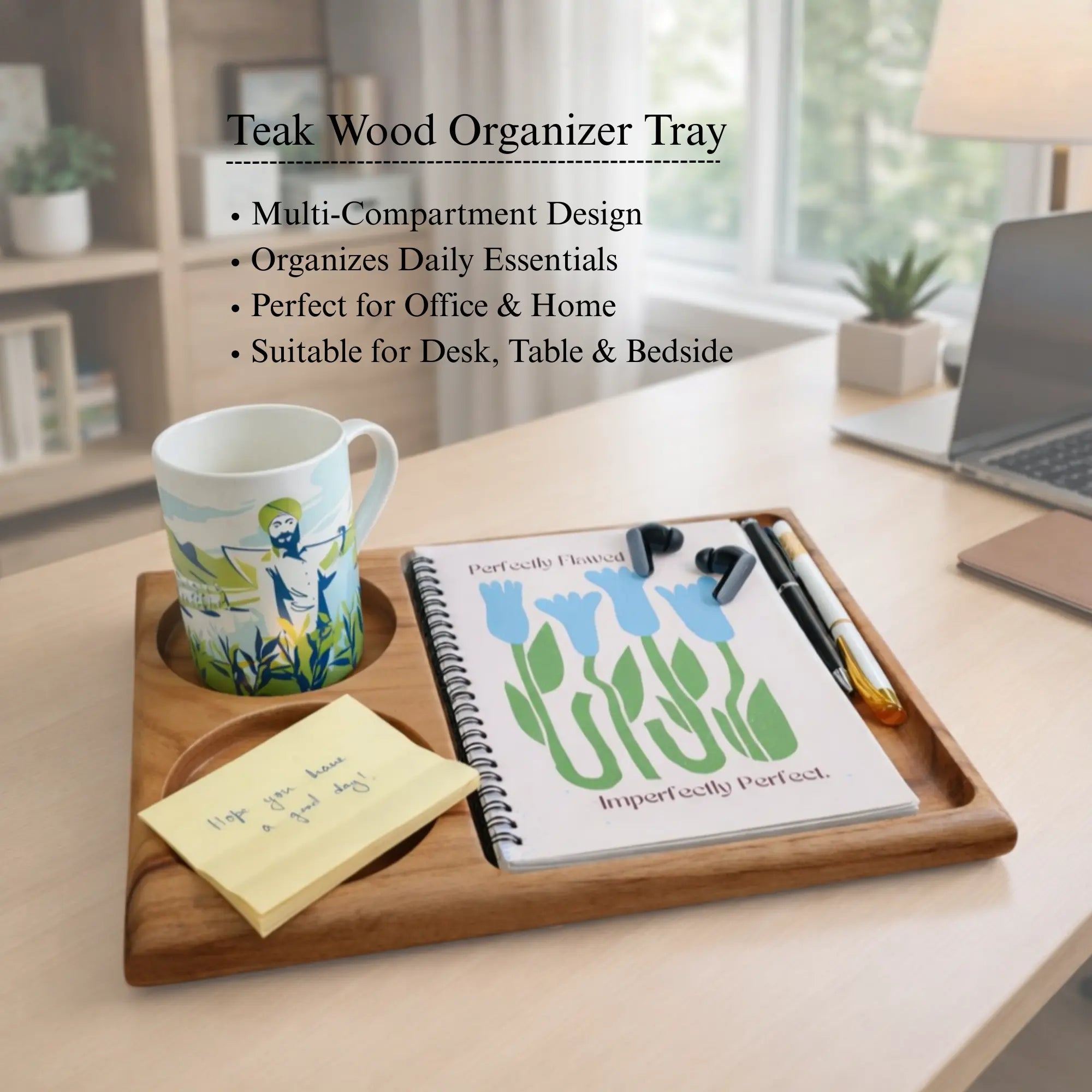 Three Compartment Teak Wood Organizer Tray