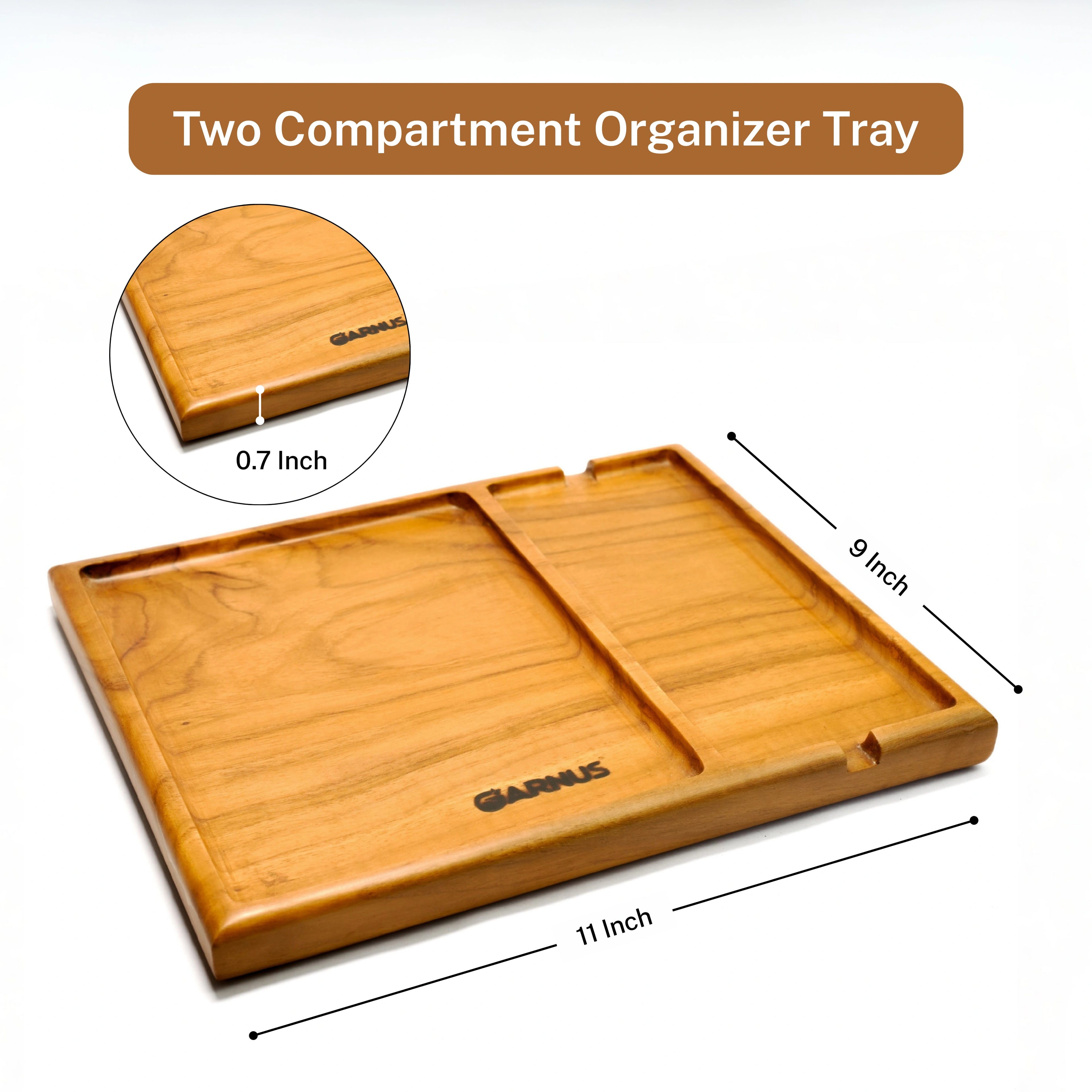 Two Compartment Teak Wood Table Organizer Tray