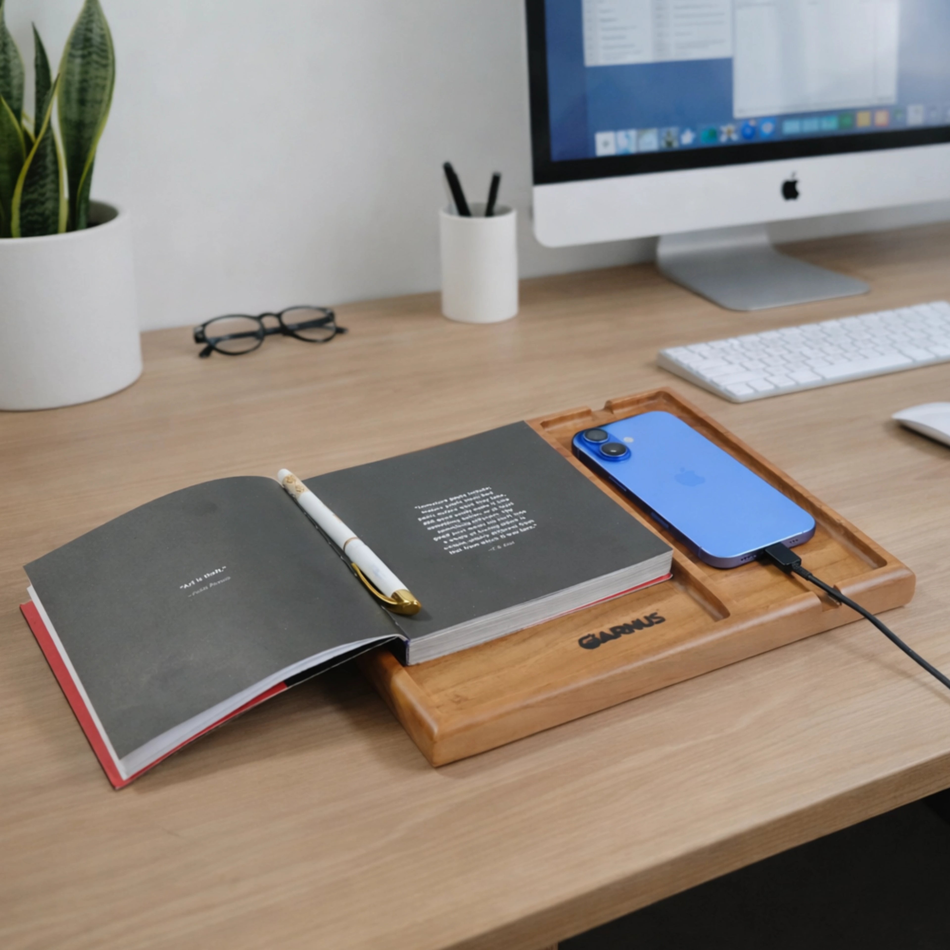 Two Compartment Teak Wood Table Organizer Tray