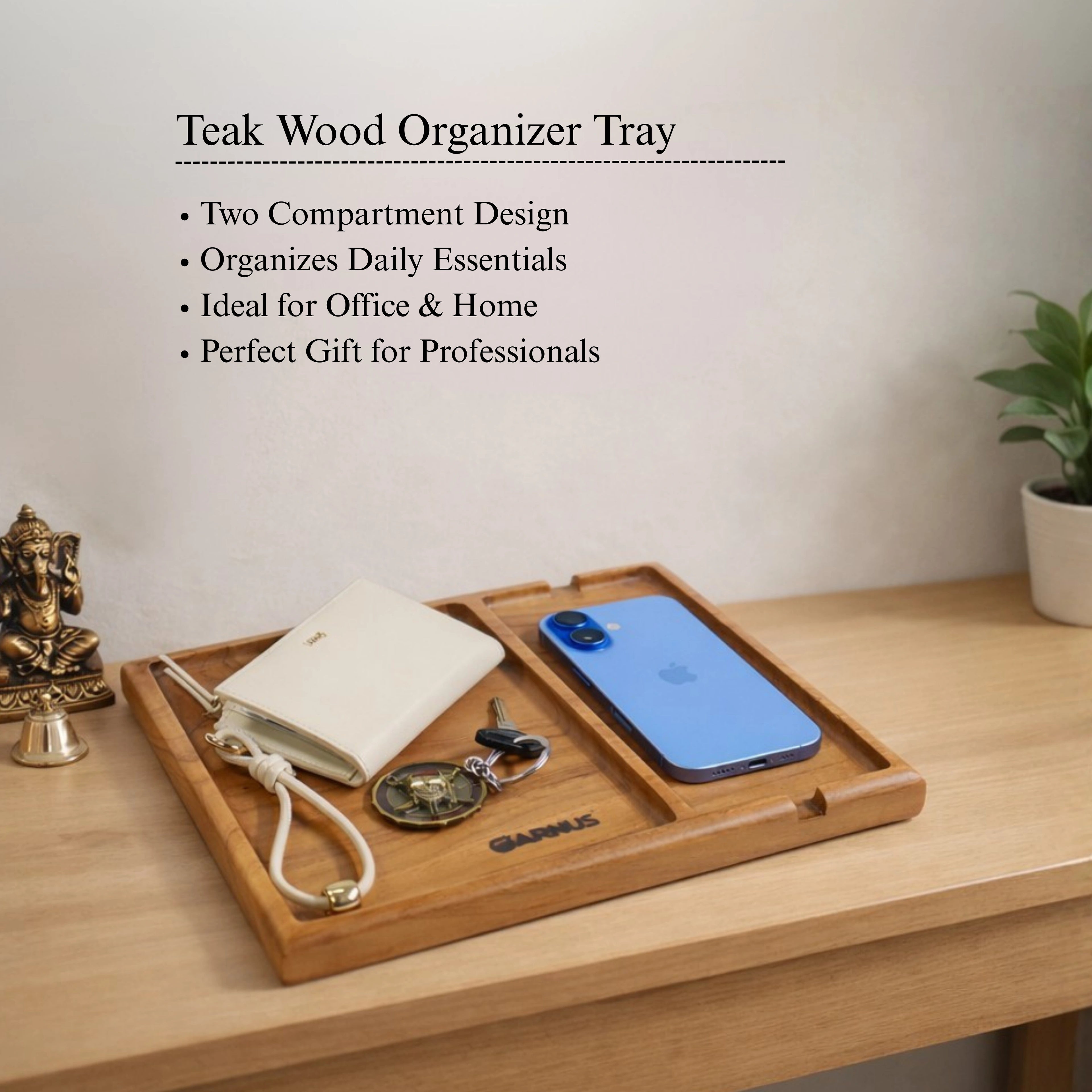 Two Compartment Teak Wood Table Organizer Tray
