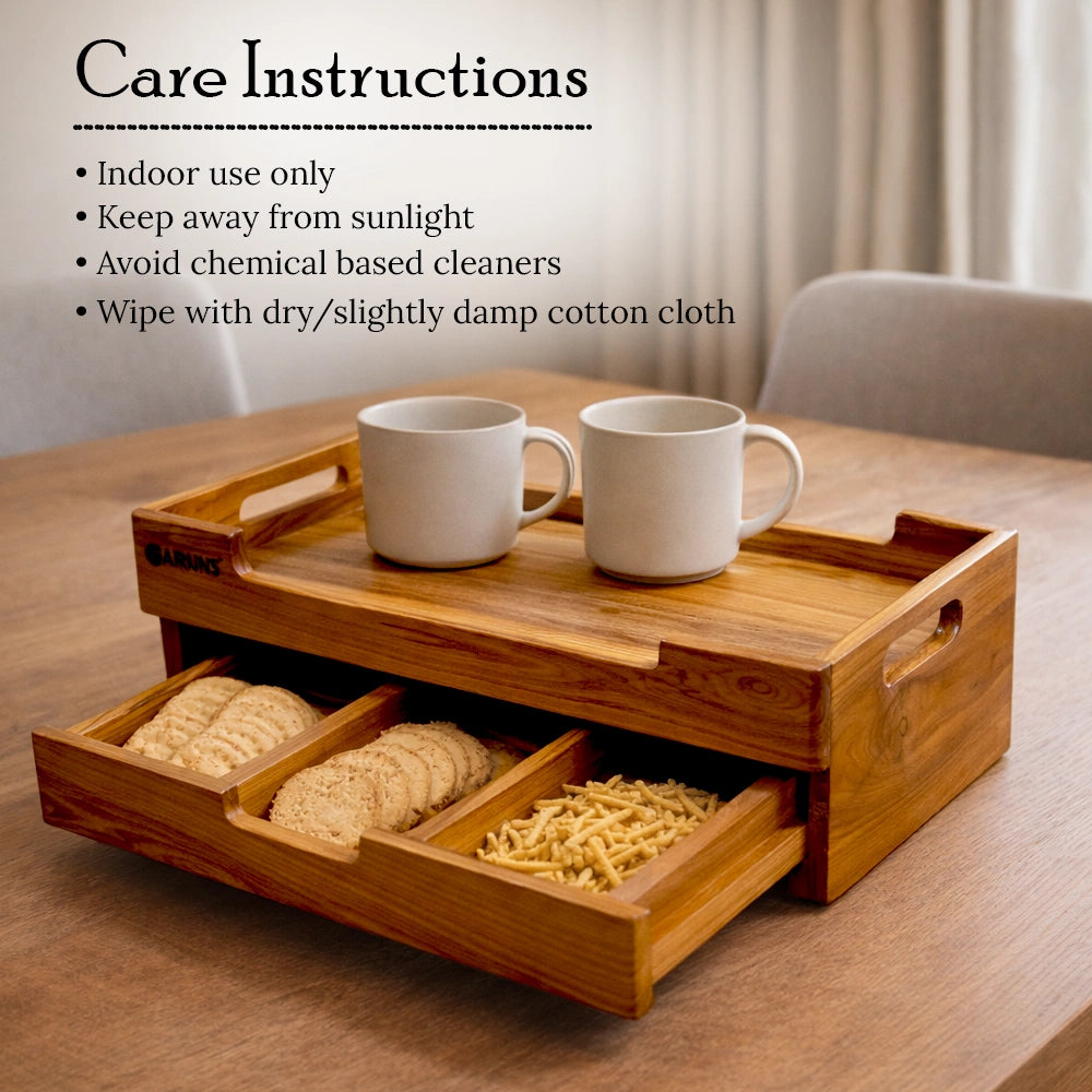Wooden tray with two mugs and snacks on a table, with care instructions text overlay.