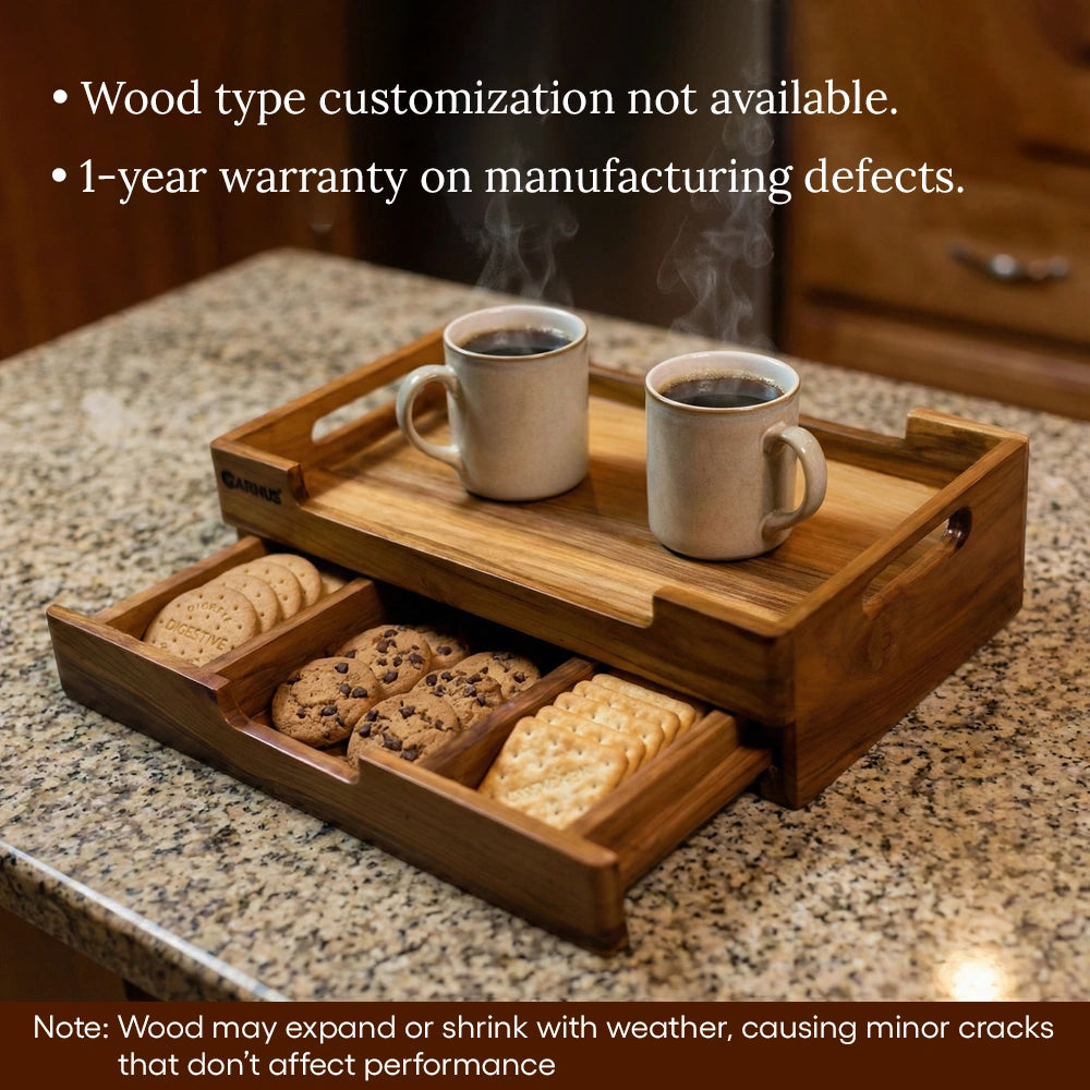 Wooden tray with two steaming cups of coffee and snacks on a granite countertop.