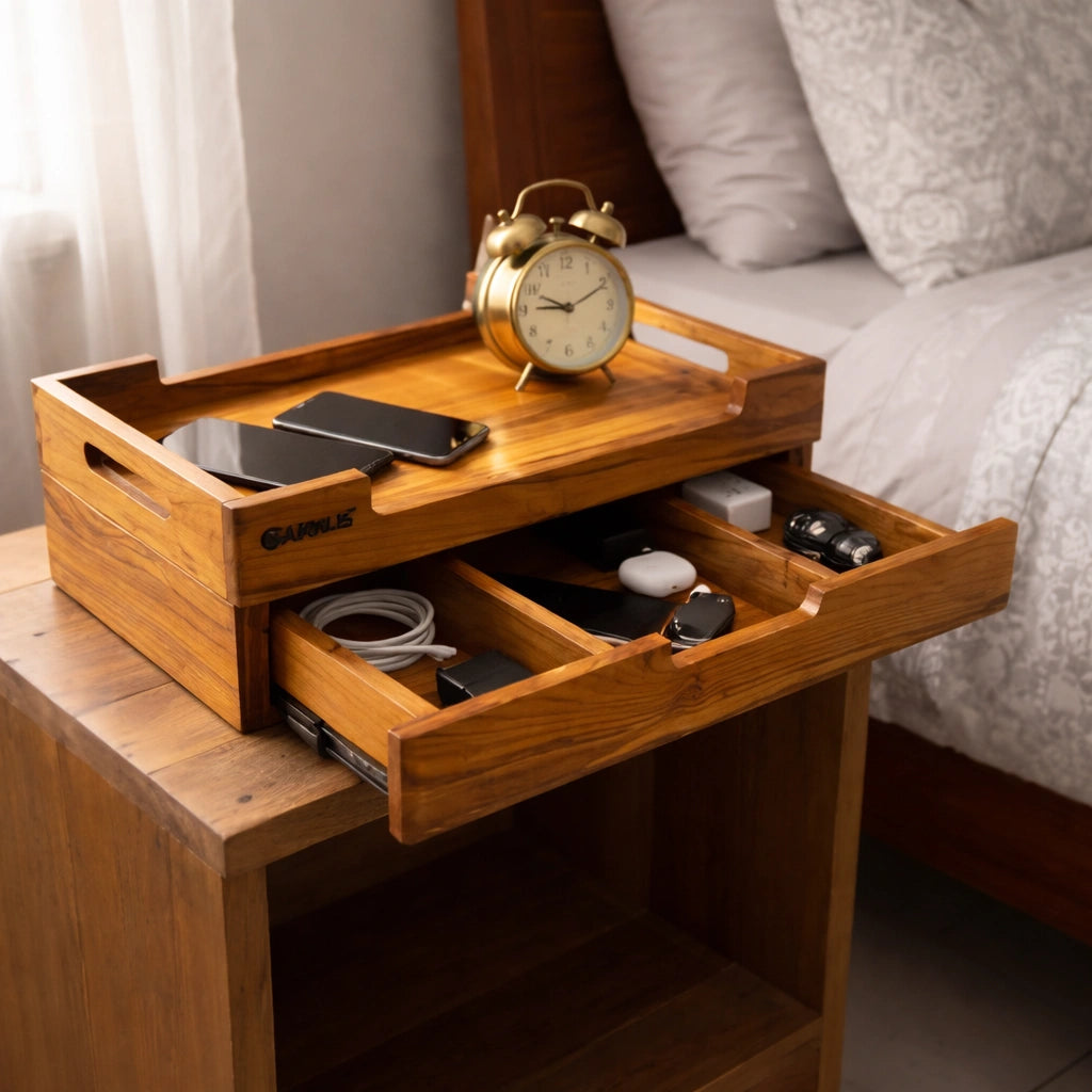 Wooden tray with alarm clock, phone, and other items on a nightstand next to a bed.