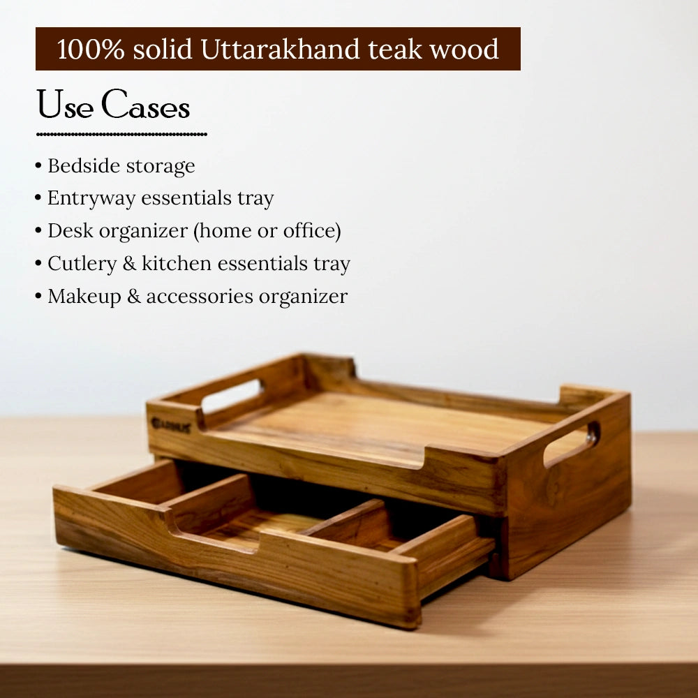 Wooden tray with compartments on a wooden surface, featuring text about Uttarakhand teak wood and use cases.