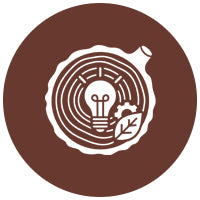 Circular logo with a maze design and light bulb on a brown background