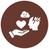Icon of a hand holding a heart, a cloud with a smiley face, and a head with cross on a brown background.