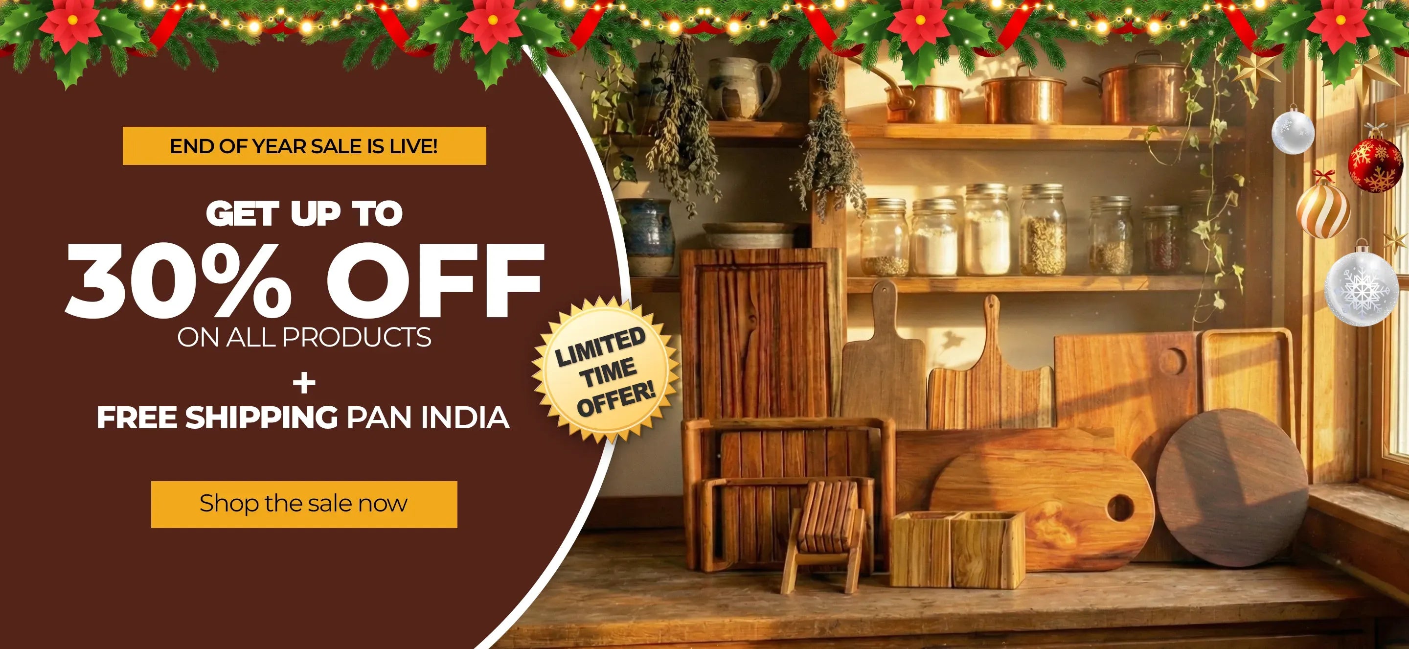 End-of-year sale advertisement with wooden products and festive decorations.